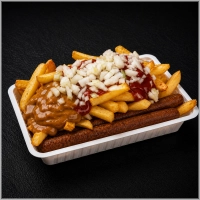 Friet, 2 frikandellen, mayo, curry, satesaus en uitjes