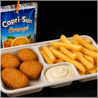 Kinderfrietje, 4 bitterballen of kipnuggets, kinderbakje mayonaise of curry en een capri sun 