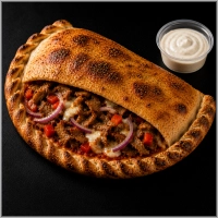  &nbsp;&nbsp;&nbsp;Tomatensaus, mozzarella, shoarma, rode ui, paprika en een bakje knoflooksaus