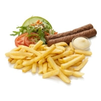 Friet, 2 frikandellen, zacht broodje, mayonaise of curry
